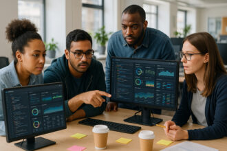 Groupe divers d'IT collaborant autour d'écrans avec dashboards