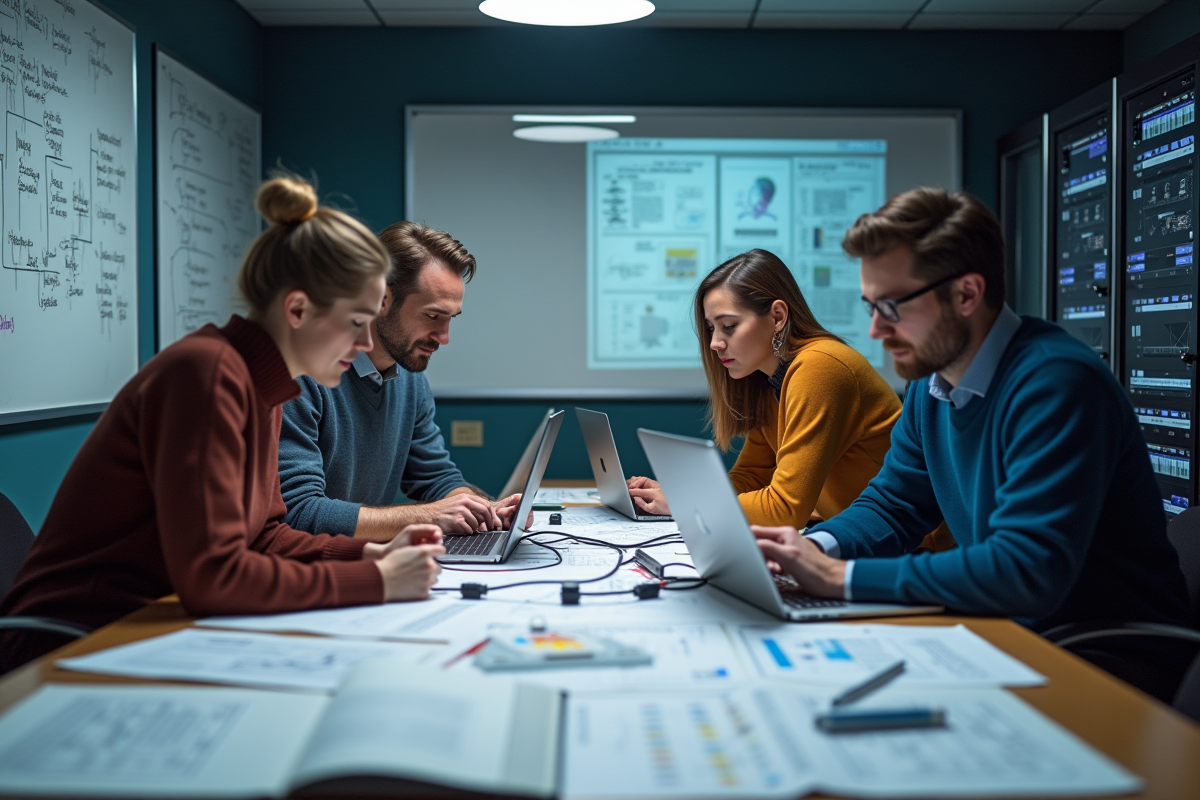 Groupe de professionnels IT en réunion de troubleshooting