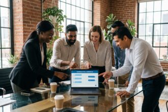 Groupe de professionnels autour d'une table en réunion