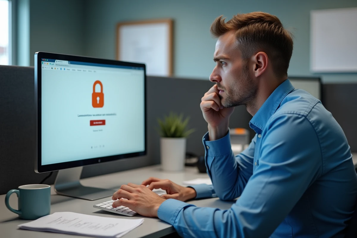 Homme en bureau administratif face à une erreur d'authentification sur un portail de messagerie en ligne
