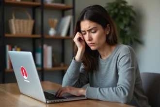 Femme frustrée devant un écran d'erreur de connexion sur un portail de messagerie académique