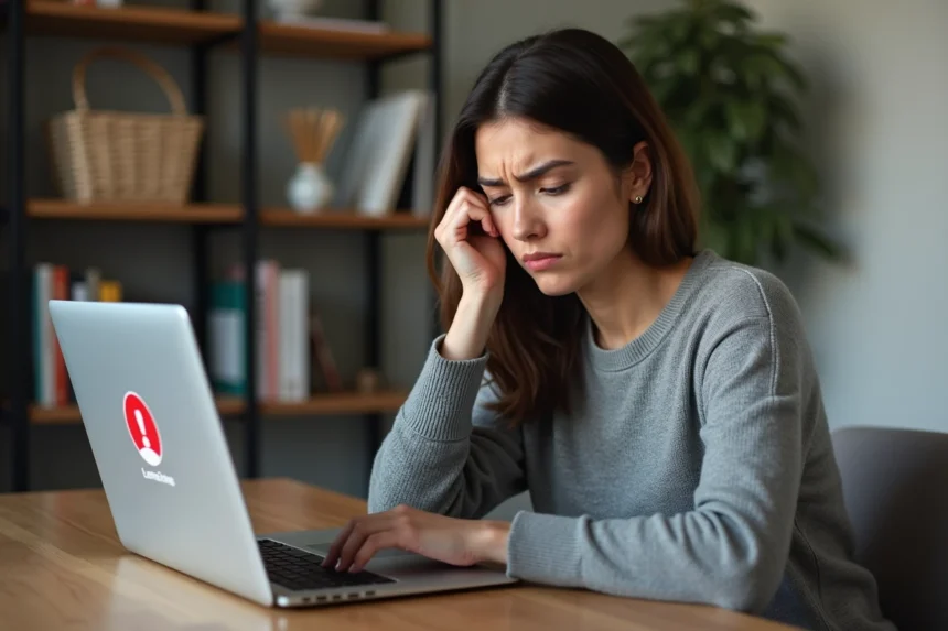 Femme frustrée devant un écran d'erreur de connexion sur un portail de messagerie académique