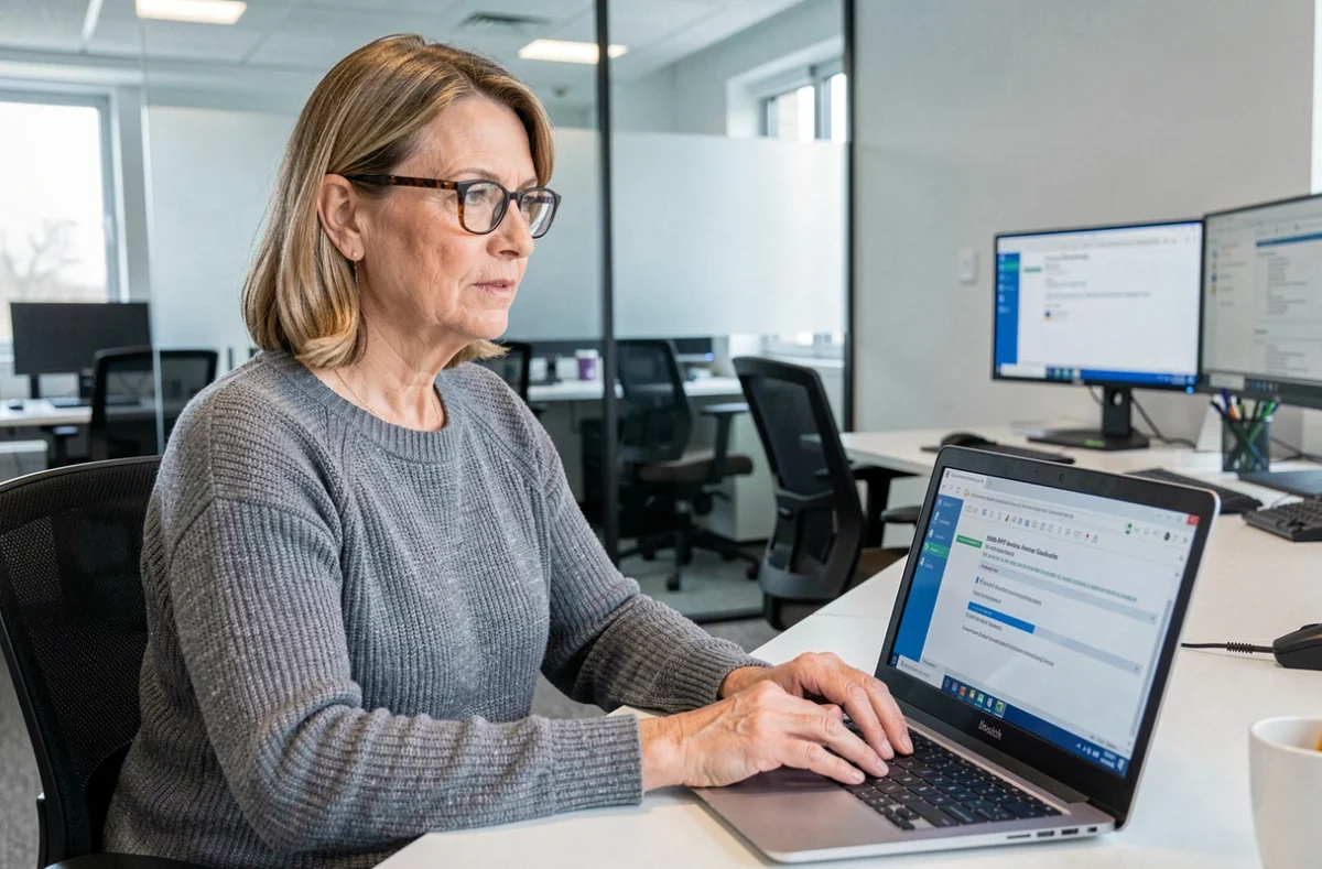 Femme résolvant une erreur de synchronisation webmail dans Outlook dans un bureau professionnel