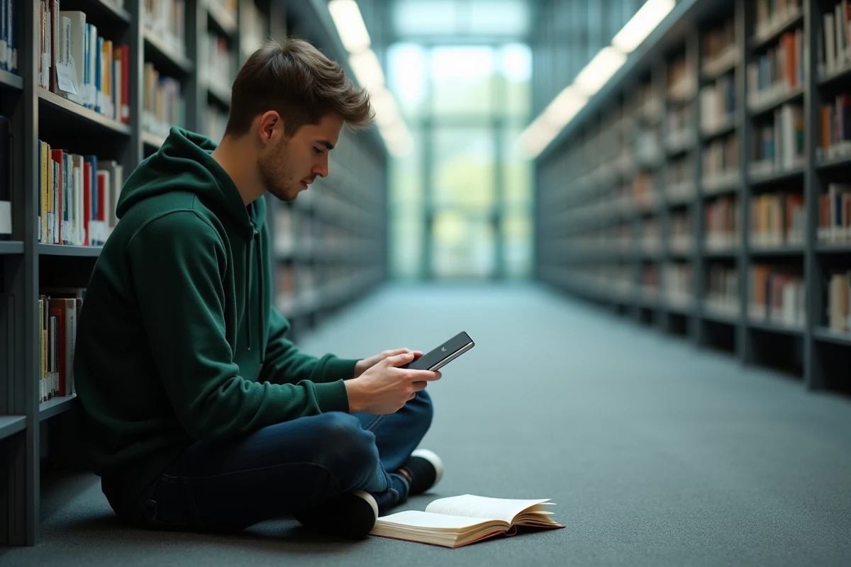 Étudiant utilisant l'application mobile de l'intranet LEO dans une bibliothèque universitaire