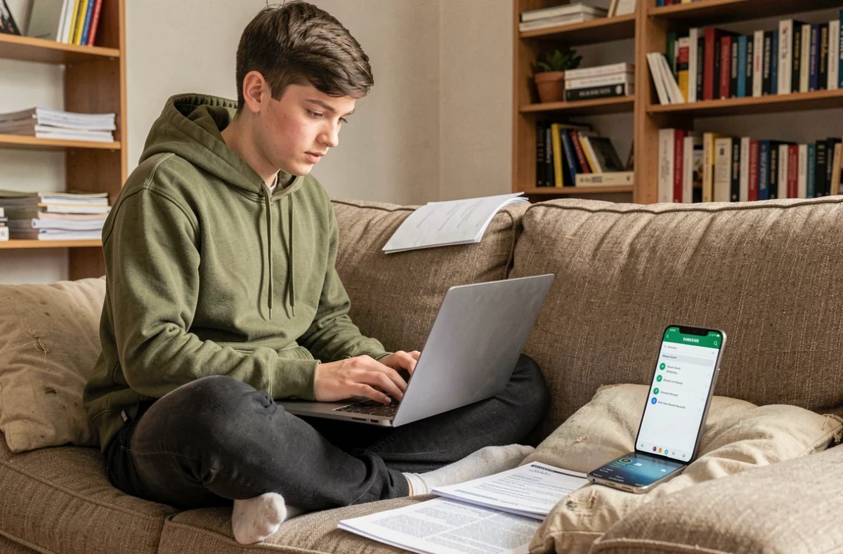 Étudiant configurant sa messagerie webmail sur smartphone en consultant un guide sur ordinateur portable