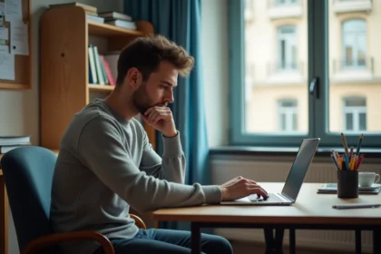 Jeune homme étudiant dans sa chambre à Grenoble INP vérifiant ses mails