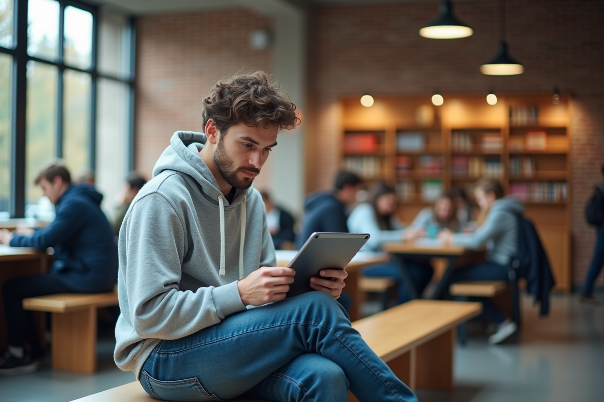 Etudiant en hoodie utilisant une tablette dans un espace étudiant animé