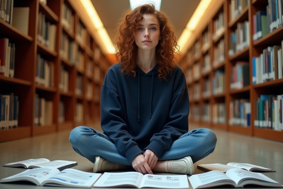 Étudiante entourée de livres et d'infographies sur les unités de données numériques dans une bibliothèque universitaire