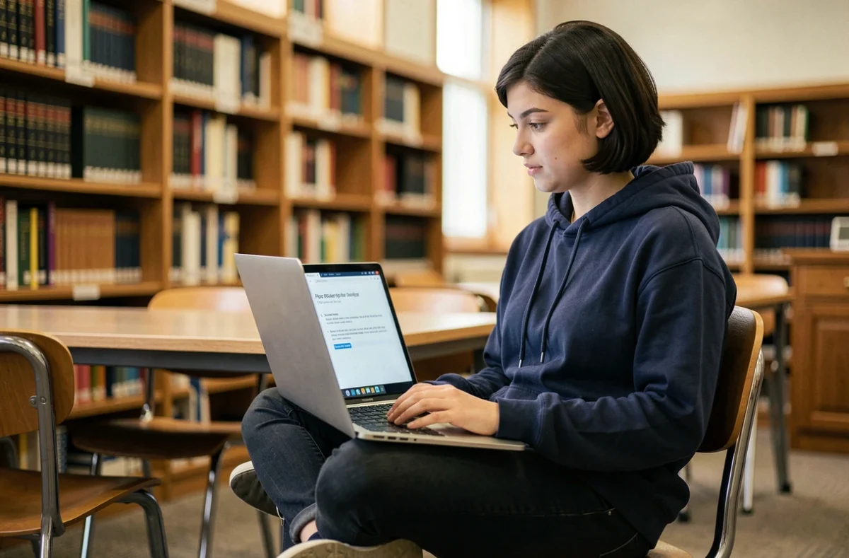 Étudiante résolvant une erreur pip Python sur son ordinateur portable dans une bibliothèque universitaire