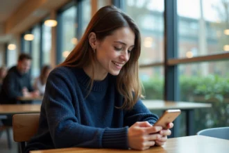 Étudiante consultant l'intranet universitaire LEO sur smartphone dans une cafétéria de campus