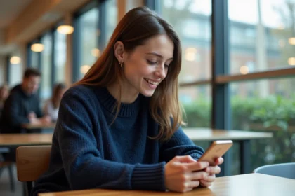 Étudiante consultant l'intranet universitaire LEO sur smartphone dans une cafétéria de campus