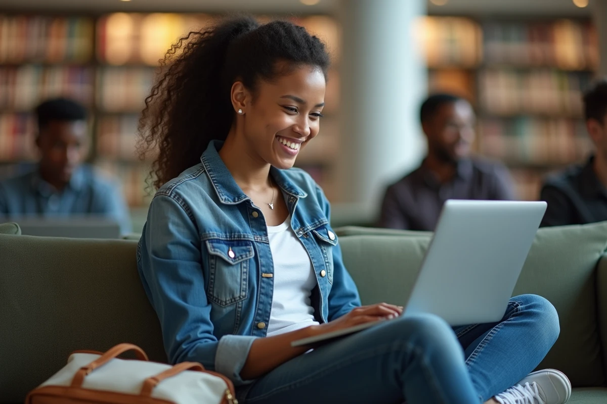 Étudiante en bibliothèque vérifiant un email de confirmation reçu via une adresse temporaire Yopmail sur son ordinateur