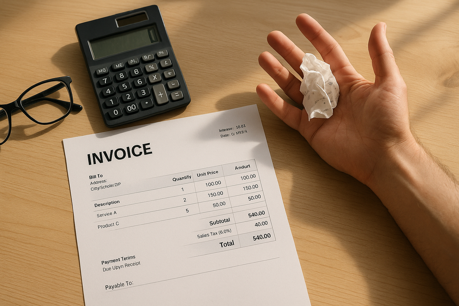Facture ouverte sur un bureau lumineux avec calculatrice et main surprise