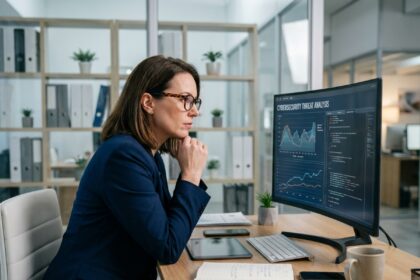 Femme d'affaires examinant des graphiques de cybersécurité