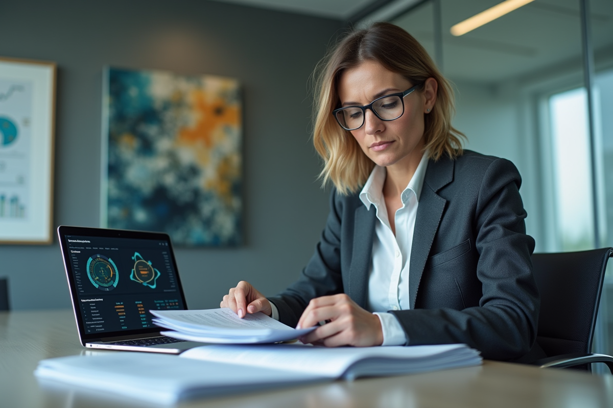 Femme d affaires analysant des documents en réunion moderne