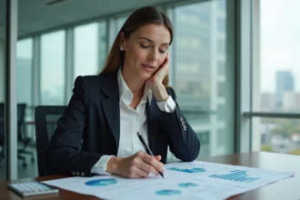 Femme d affaires en réunion analysant des graphiques KPI