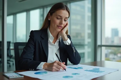 Femme d affaires en réunion analysant des graphiques KPI