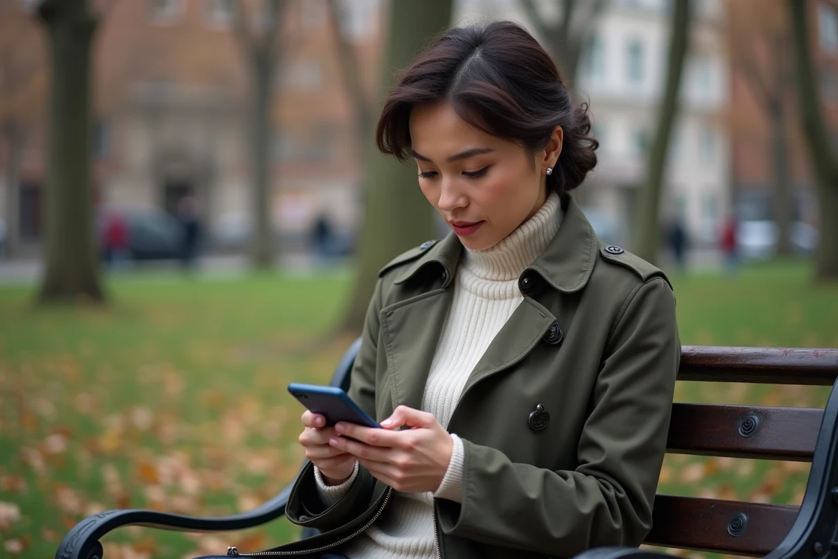 Femme assise dans un parc automnal vérifiant une alerte AirTag sur son iPhone