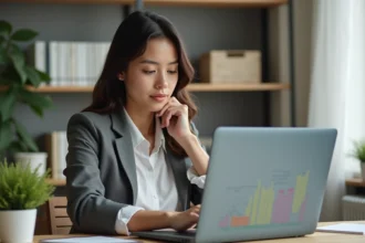Jeune femme analysant des données de mots clés sur un ordinateur