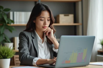 Jeune femme analysant des données de mots clés sur un ordinateur