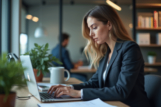 Jeune femme concentrée analysant des données sur son ordinateur