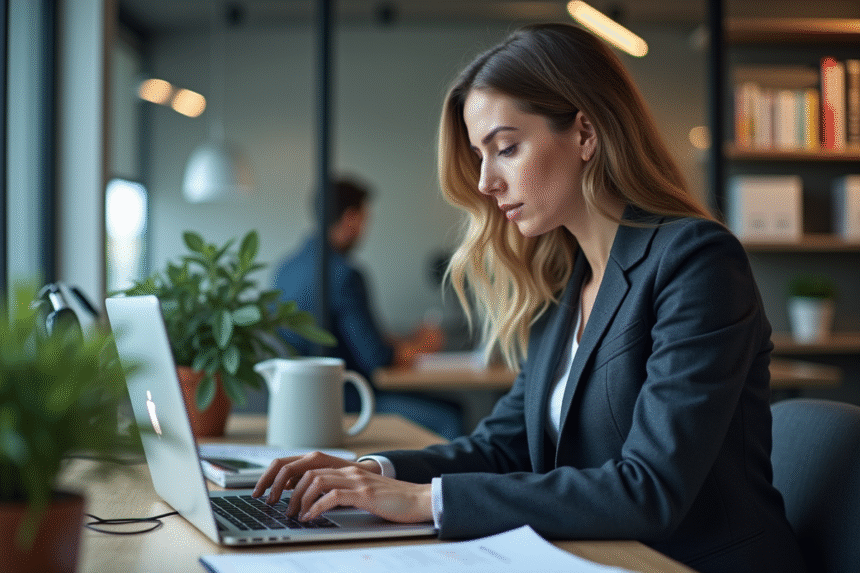 Jeune femme concentrée analysant des données sur son ordinateur