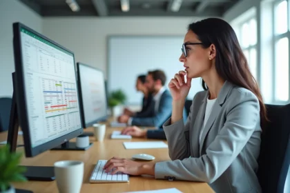 Femme en blazer analysant des doublons dans un tableau Excel sur un écran d'ordinateur au bureau