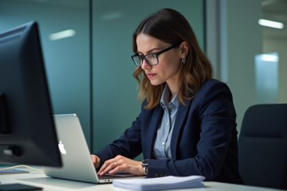 Femme d affaires en bureau vérifiant un écran d alerte sécurité