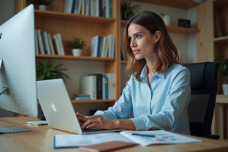 Femme au bureau analysant des données Excel dans un espace cosy