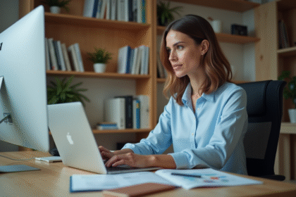 Femme au bureau analysant des données Excel dans un espace cosy