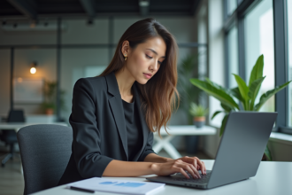 Femme concentrée sur son ordinateur dans un bureau moderne