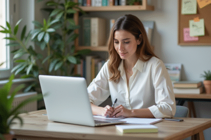 Jeune femme concentrée dans un bureau moderne
