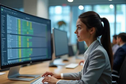 Femme en blazer gris travaillant sur un tableau Excel avec des formules de soustraction d'heures dépassant 24 heures sur un grand écran de bureau