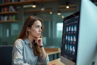Femme au bureau examinant des formats de fichiers sur un écran d'ordinateur dans un environnement professionnel moderne