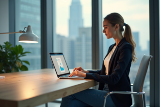 Femme en blazer regardant son email au bureau
