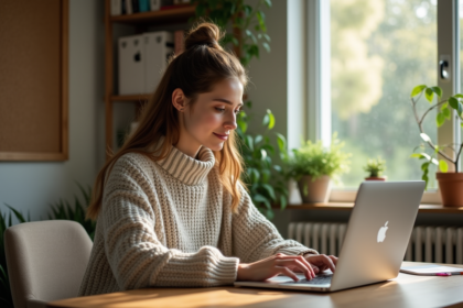 Jeune femme au bureau moderne avec ordinateur portable