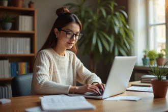 Jeune femme au bureau travaillant sur un ordinateur portable