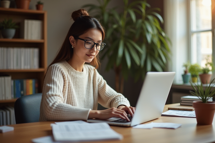 Jeune femme au bureau travaillant sur un ordinateur portable