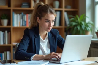 Jeune femme au bureau en train de revoir des brouillons de site