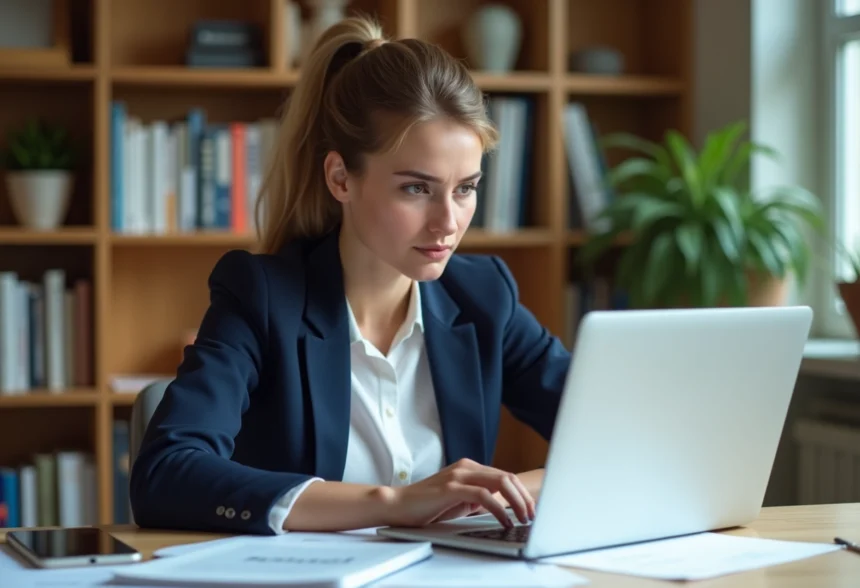 Jeune femme au bureau en train de revoir des brouillons de site