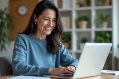 Femme d'âge moyen travaillant sur son ordinateur dans un bureau à domicile