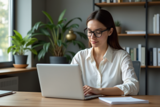 Femme au bureau organisant ses emails dans un espace moderne
