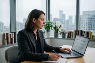 Femme professionnelle compare plateformes SMS au bureau