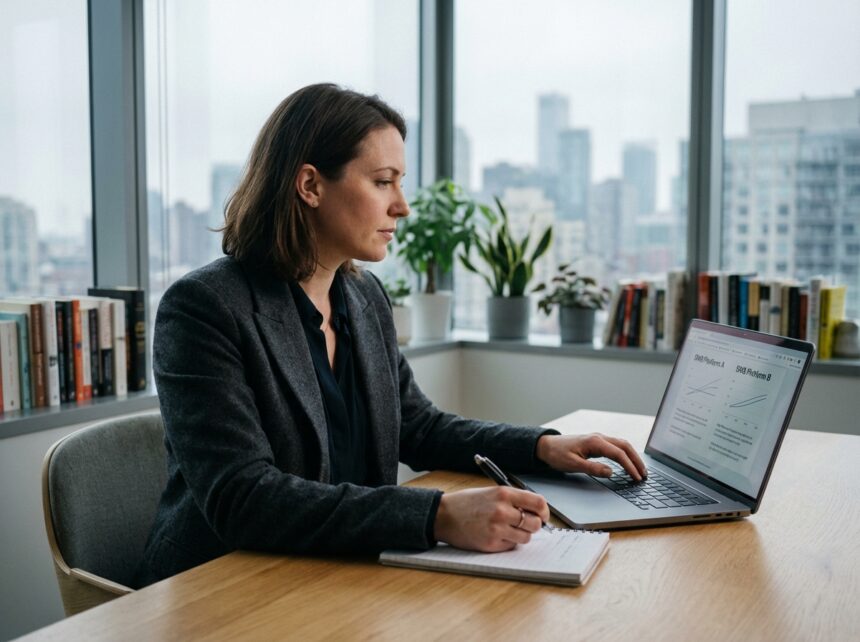 Femme professionnelle compare plateformes SMS au bureau
