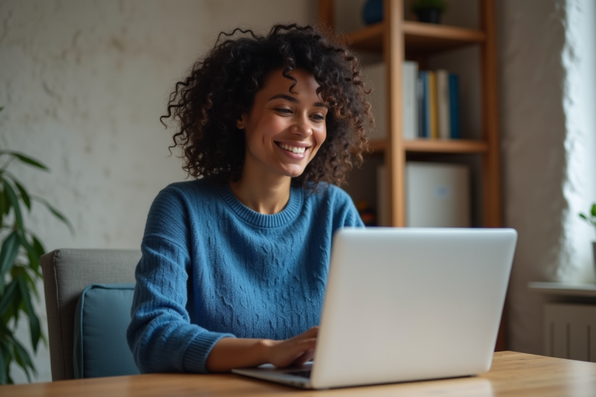 Femme concentrée utilisant un ordinateur portable à la maison