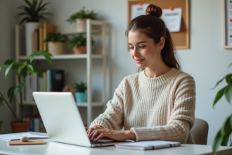 Femme travaillant sur son ordinateur dans un bureau lumineux