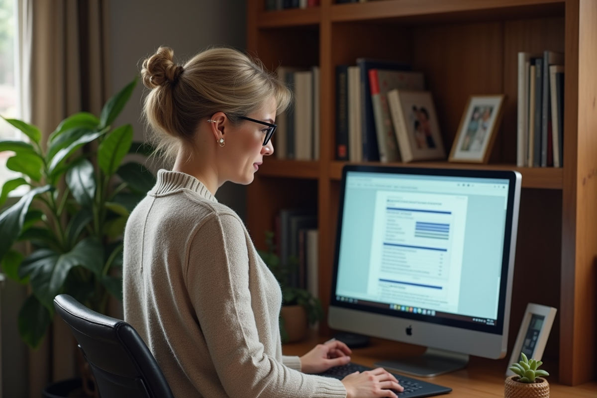 Femme d age moyen analysant un rapport de cybersécurité à la maison