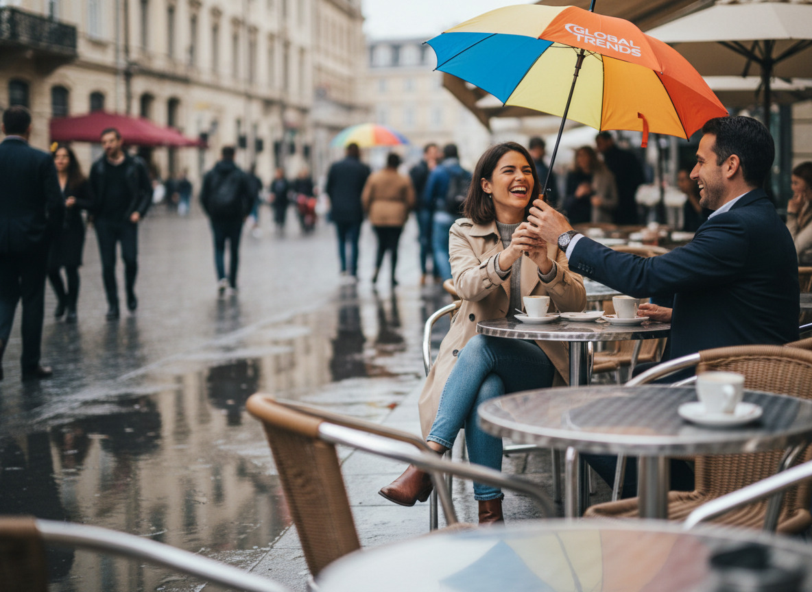 Femme souriante avec parapluie dans un café en plein air