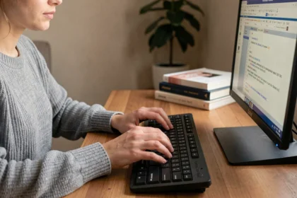 Femme utilisant un clavier AZERTY pour taper le caractère È majuscule accent grave dans un éditeur de texte