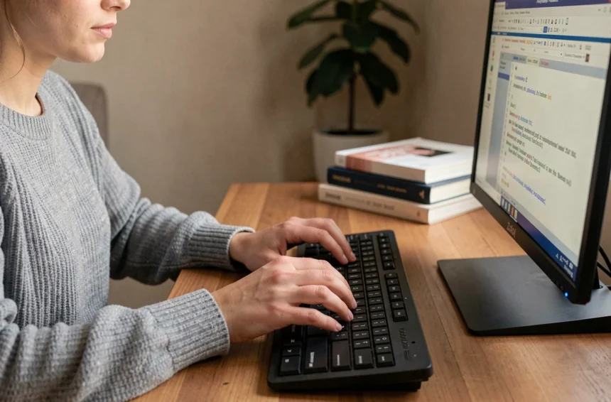 Femme utilisant un clavier AZERTY pour taper le caractère È majuscule accent grave dans un éditeur de texte